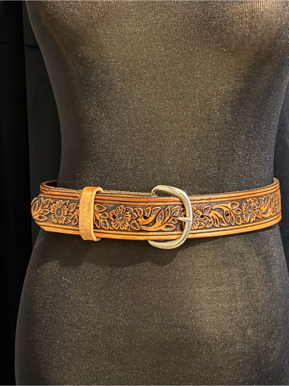 Western Tooled Floral Leather Belt in Tan with Silver Buckle